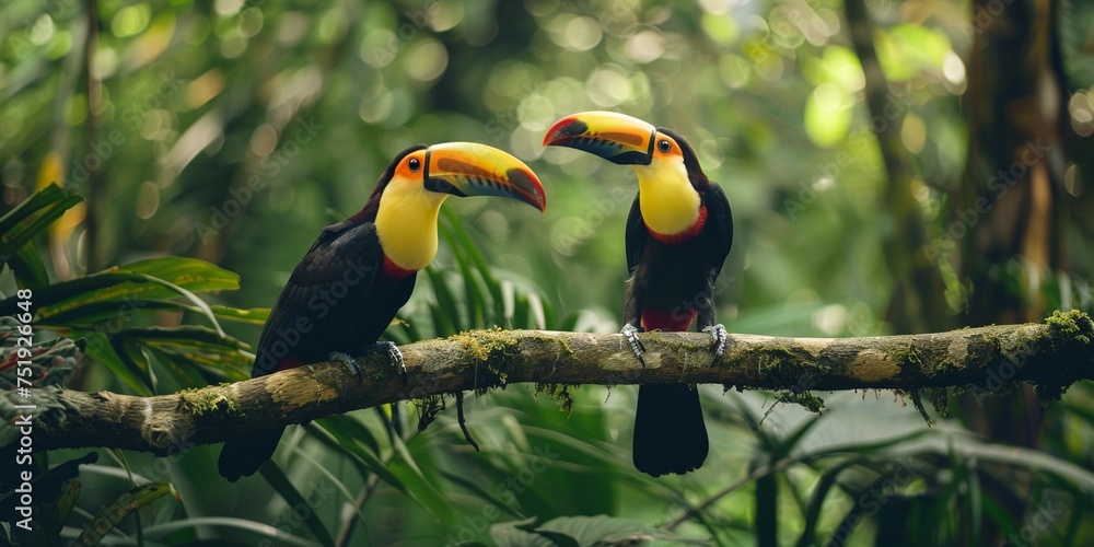 Fototapeta premium Two Toucan birds sitting on a branch in the forest