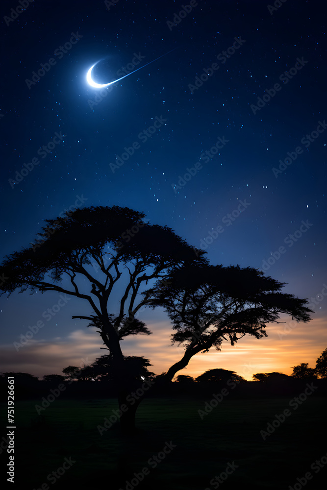 Surreal Night Sky Spectacle: The Mesmerizing Beauty of a Radiant Crescent Moon Against a Twinkling Starlit Backdrop