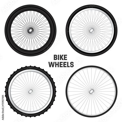 Realistic 3d bicycle wheels. Bike rubber tyres, shiny metal spokes and rims. Fitness cycle, touring, sport, road and mountain bike. Vector illustration