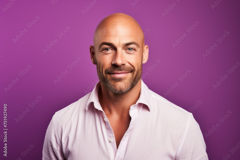 Portrait of a handsome mature man in a white shirt on a purple background. Portrait of a handsome mature man in a white shirt on a purple background.