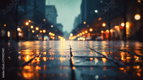 Rainy city street at night  bokeh lights background