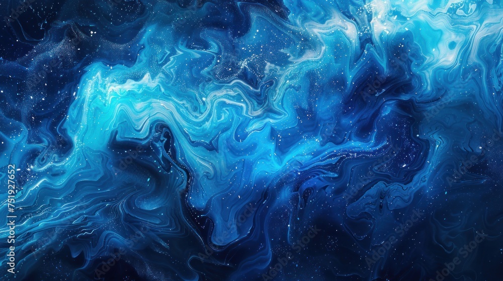 Obraz premium High-resolution image of a swirling blue and black abstract marble texture with sparkling accents.
