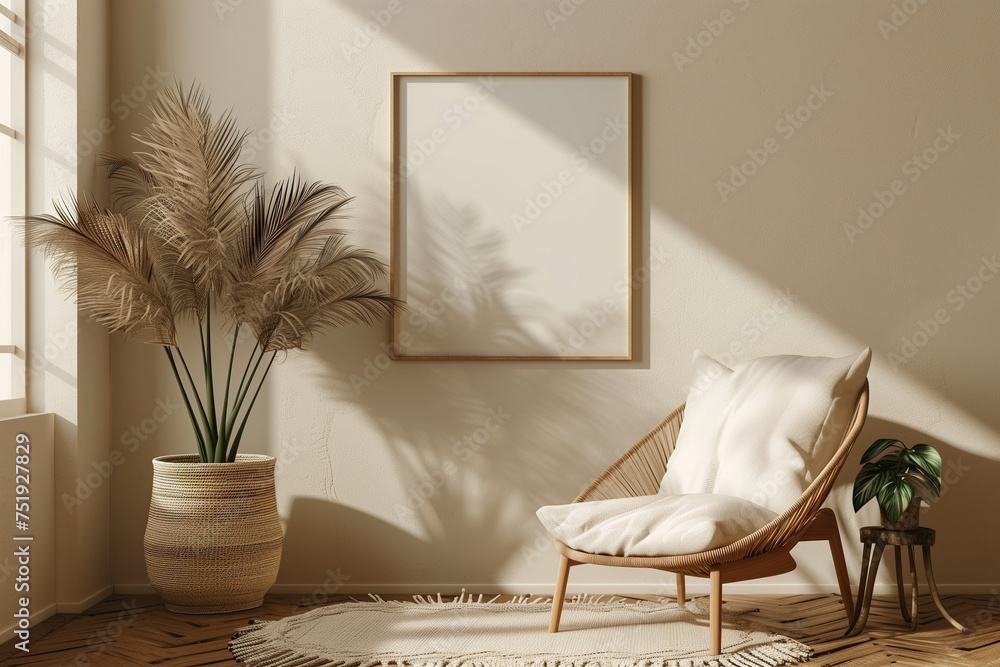Boho room with beige wall and plants  - obrazy, fototapety, plakaty 