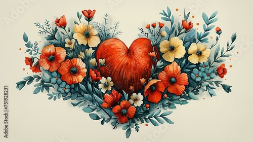 Wallpaper Mural Watercolor illustration of red heart made of flowers. Heart shape of red petals. Torontodigital.ca