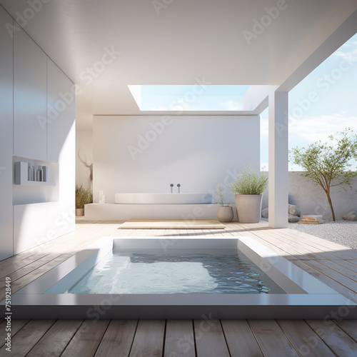 3D rendering of a minimalist cold plunge pool integrated into a sleek modern home bathroom with interactive elements highlighting the health benefits of regular use photo