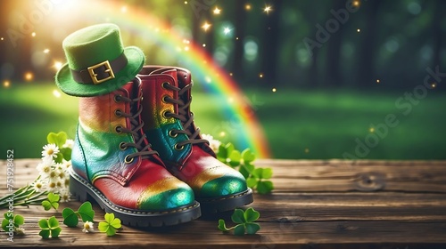 rainbow boots St. Patrick's Day with clover on park background 