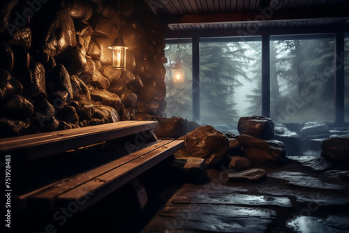 A cozy dimly lit traditional Finnish sauna with wooden benches and walls soft steam filling the air a gentle glow emanating from the sauna stones