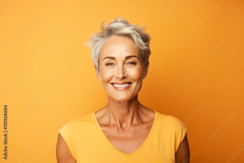 Portrait of a smiling senior woman on yellow background with copy space Portrait of a smiling senior woman on yellow background with copy space