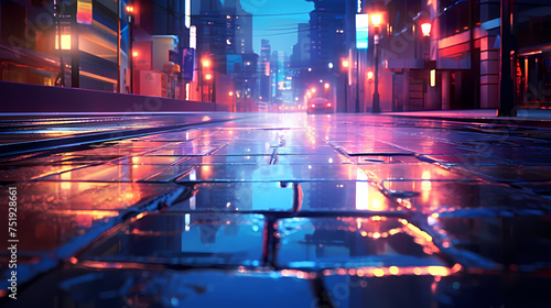 Rainy city street at night, bokeh lights background