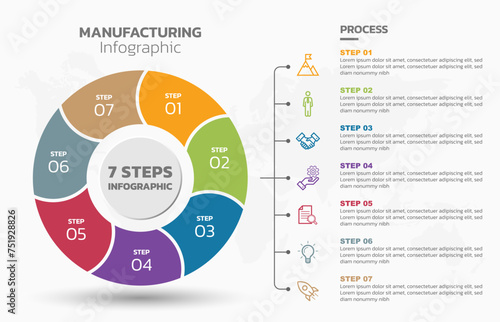Visual data presentation. Cycle diagram with 7 options. Pie Chart Circle infographic template with 7 steps, options, parts, segments. Business concept. Marketing infographic vector illustration.