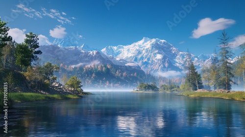 Snow-capped peaks overlooking a serene lake  creating a stunning contrast against the deep blue sky.
