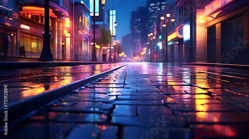 Rainy city street at night, bokeh lights background