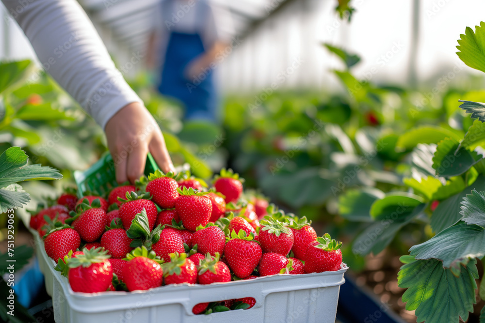 Picking strawberries in a greenhouse Picking strawberries in a greenhouse