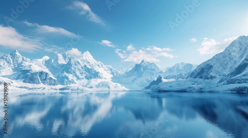 Snow-capped peaks overlooking a serene lake, creating a stunning contrast against the deep blue sky.