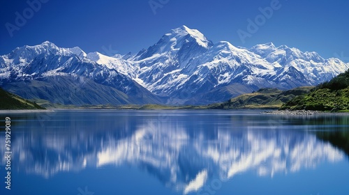 Snow-covered peaks reflecting in a serene lake, creating a breathtaking panorama under a clear, deep blue sky. © Shakeel,s Graphics