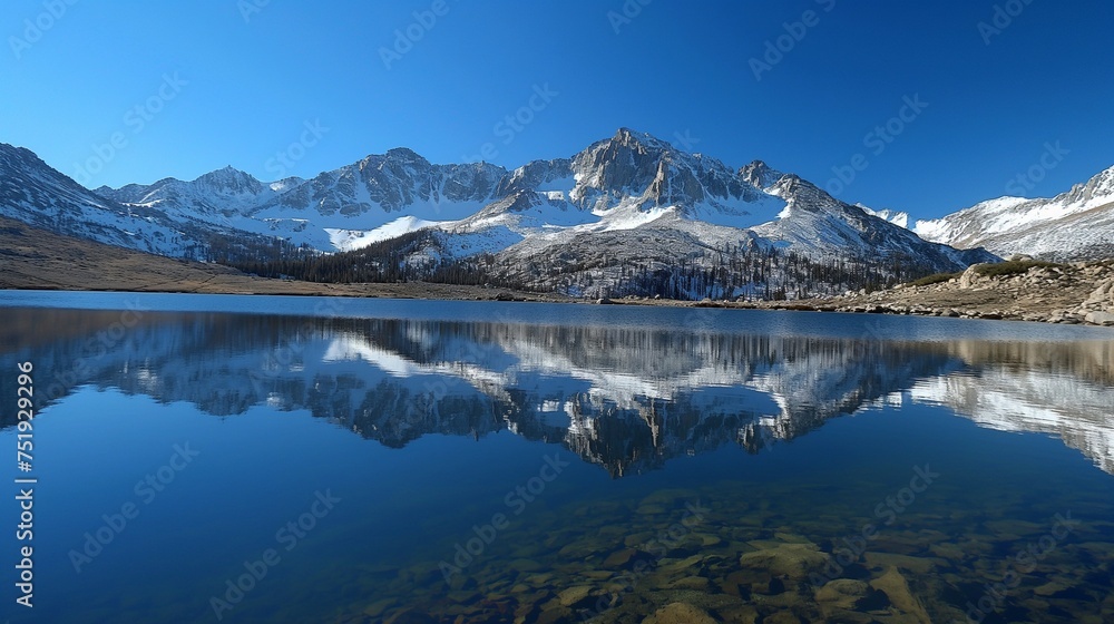 Snow-covered peaks reflecting in a serene lake, creating a breathtaking panorama under a clear, deep blue sky.