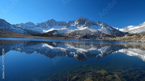 Snow-covered peaks reflecting in a serene lake  creating a breathtaking panorama under a clear  deep blue sky.