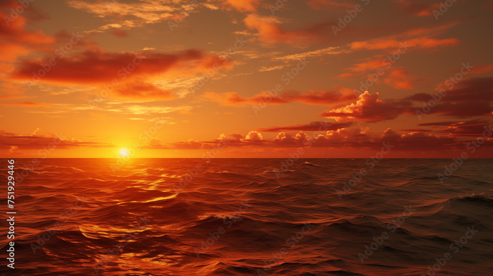 Fiery sunset over a vast ocean. The sky is ablaze with fiery oranges, reds, and purples, reflecting on the water’s surface. The horizon separates the vibrant colors from the deep blue ocean.