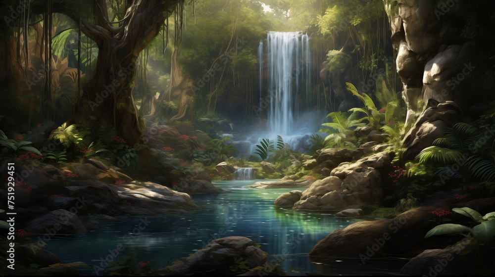 Majestic hidden waterfall wallpaper a landscape mountains trees and a river