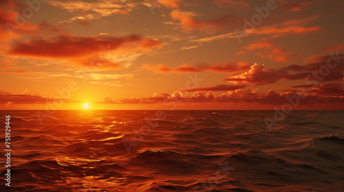 Fiery sunset over a vast ocean. The sky is ablaze with fiery oranges  reds  and purples  reflecting on the water   s surface. The horizon separates the vibrant colors from the deep blue ocean.