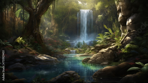 Majestic hidden waterfall wallpaper a landscape mountains trees and a river