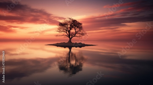 Lonely tree on small island. Melancholy Concept.