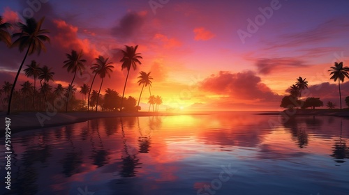 Tropical Paradise Sunset. Tropical beach at sunset with palm trees silhouetted against the colorful sky. © ArtStockVault