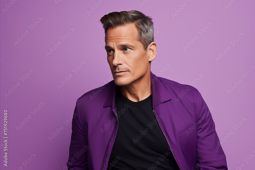 Portrait of a serious mature man in a purple jacket looking at the camera over purple background Portrait of a serious mature man in a purple jacket looking at the camera over purple background