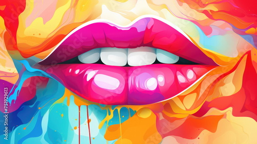 Wallpaper Mural Rainbow Kiss Lips: Juicy female lips adorned in vibrant rainbow-colored lipstick, wet paint, 3D illustration Torontodigital.ca