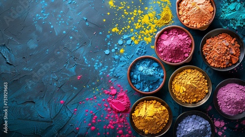 A minimalist background highlighting the vividness of Holi powder in bowls focusing on the pure celebration of color and tradition