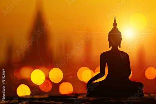 Vesak day concept  Silhouette Buddha with blurred travel tourist attraction in Thailand - Asia on golden temple sunset background  realistic  copy space - generative ai