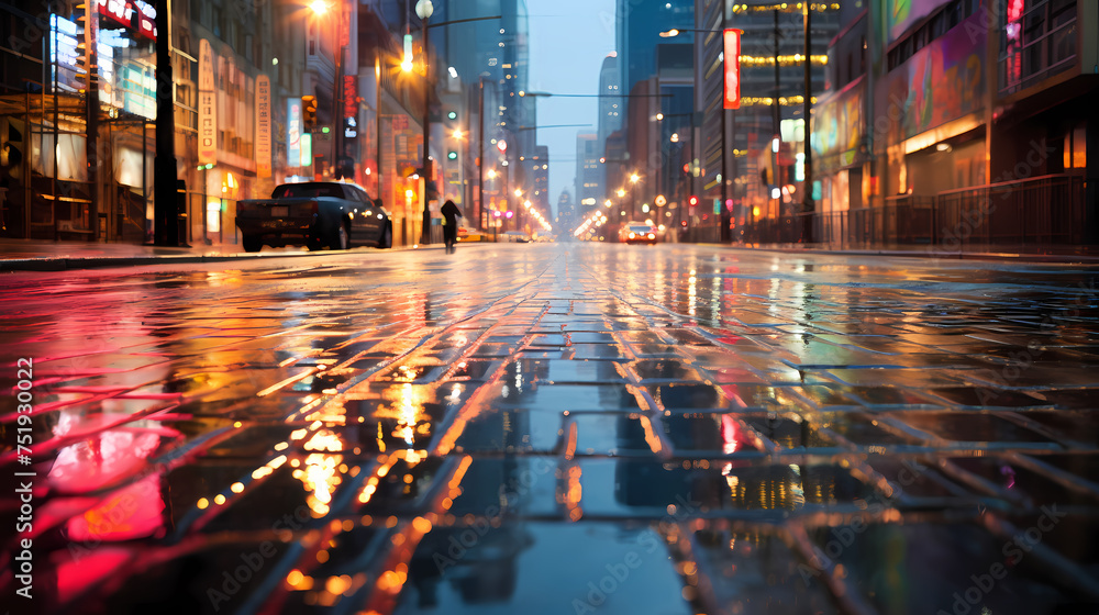 Obraz premium Rainy city street at night, bokeh lights background