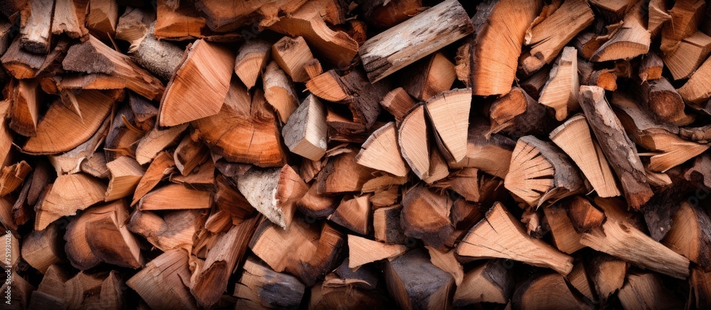 A closeup view of a pile of chopped wood neatly arranged on a bed of dried leaves. The wood pieces are of varying sizes and shapes, stacked next to each other. A closeup view of a pile of chopped wood neatly arranged on a bed of dried leaves. The wood pieces are of varying sizes and shapes, stacked next to each other.