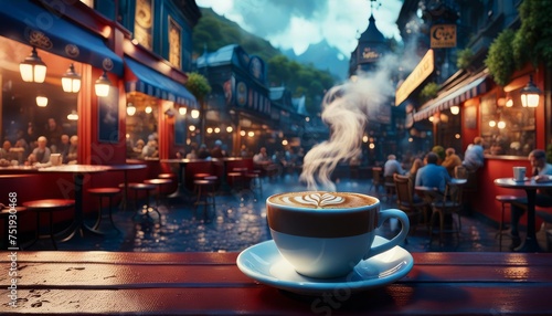 A steaming cappuccino at a table in an outdoor cafe.