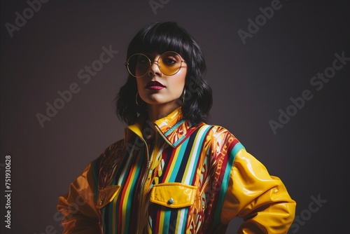 Fashionable young woman in yellow jacket and sunglasses over dark background.