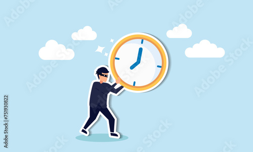 Time theft or procrastination hinders productivity; efficient work meets deadlines, strategizes, and accomplishes tasks concept, burglar thief stealing time clock and run away.