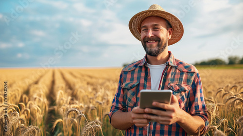 A happy farmer with a straw hat using a tablet in a golden wheat field, signifying modern agriculture. © Margo_Alexa