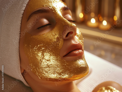 A woman enjoying a luxurious gold facial mask, with soft lighting enhancing the feeling of relaxation. © Margo_Alexa