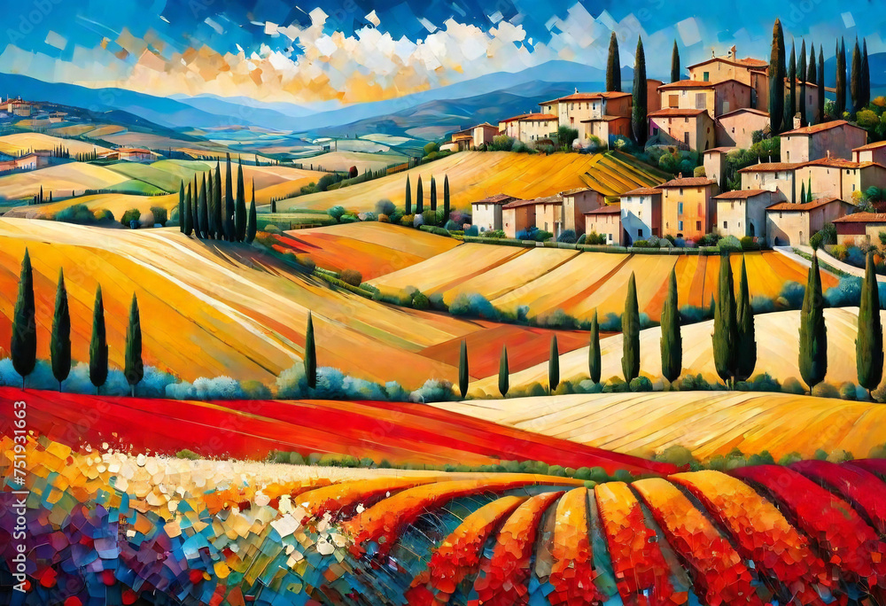 Panorama of a beautiful Tuscany, Italy landscape with flower field, town and mountains. horizontal impasto oil painting.
