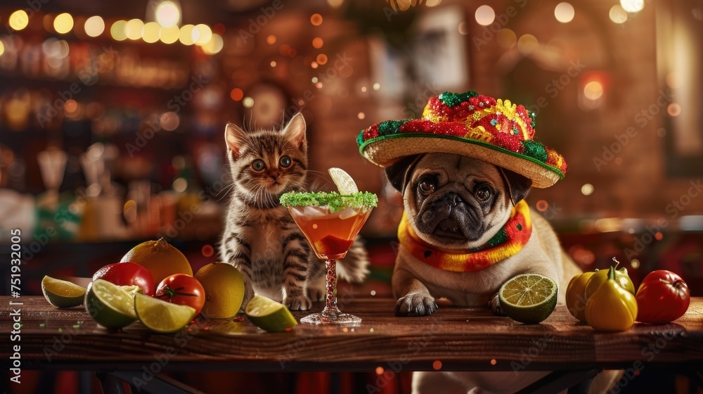 Sombrero-Clad Cat and Dog: Bar Scene Fun, festive atmosphere, cocktail drinks, wooden surface, blurred bar background, playful and humorous