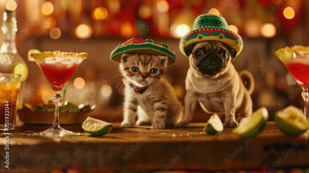 Cat and dog in sombreros, cocktails, festive atmosphere, lime slices, blurred bar background