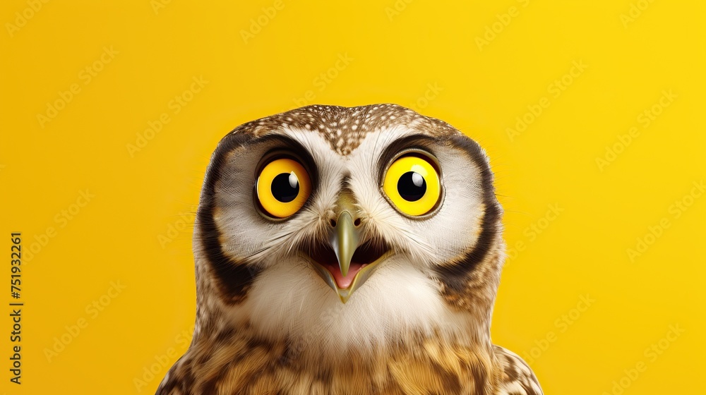Portrait of emotional animal surprised and shocked owl on yellow background Portrait of emotional animal surprised and shocked owl on yellow background
