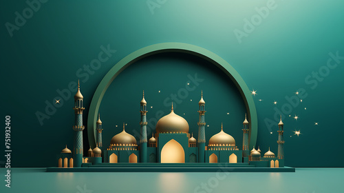 islamic decoration background with crescent moon mosqueelegant green and golden © Aura