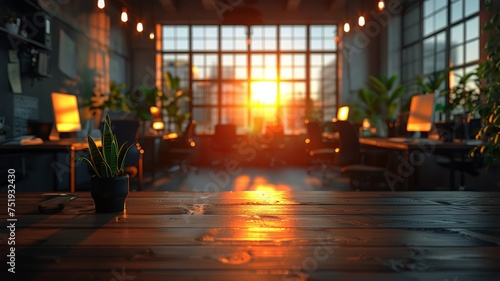 Warm sunset light flooding through a modern office setting creating a serene workspace