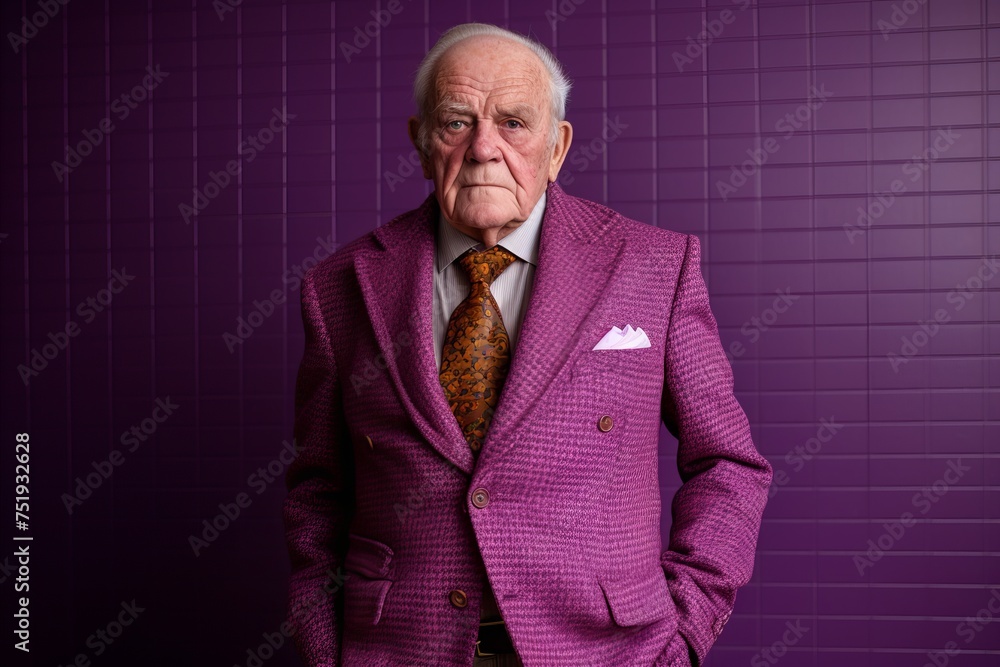 Portrait of an old man wearing a pink suit on a purple background Portrait of an old man wearing a pink suit on a purple background
