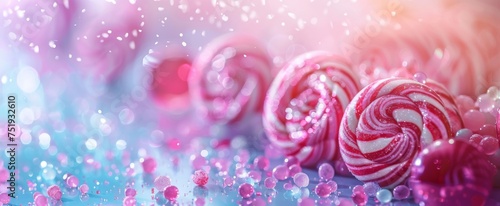 Vibrant and playful pink lollipops with sparkling sugar crystals, creating a festive and joyous dessert backdrop perfect for celebration themes and candy shop displays.
