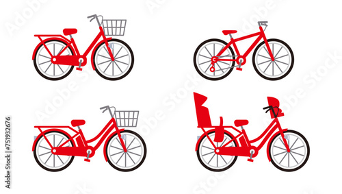 赤い自転車のイラスト。ママチャリ、電動自転車とクロスバイクのベクターセット。