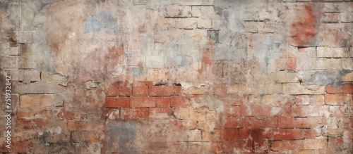 An old brick wall showing signs of wear and tear, with patches of colorful paint applied over the years. The weathered surface adds character and history to the urban landscape.