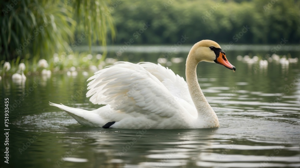 A white swan swimming in a lake with green trees. Generative AI. A white swan swimming in a lake with green trees. Generative AI.