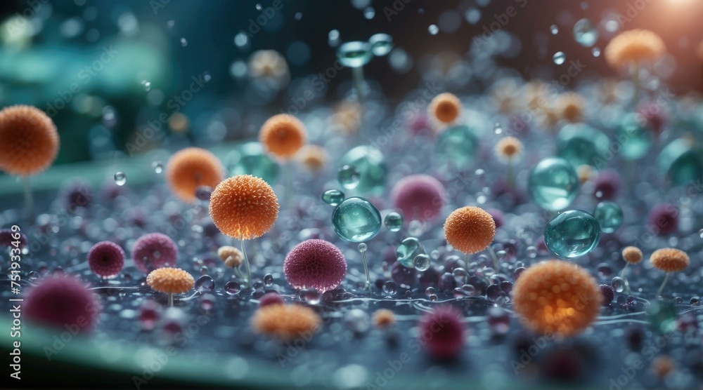 A group of colorful bacteria in a bowl of water. Generative AI. A group of colorful bacteria in a bowl of water. Generative AI.